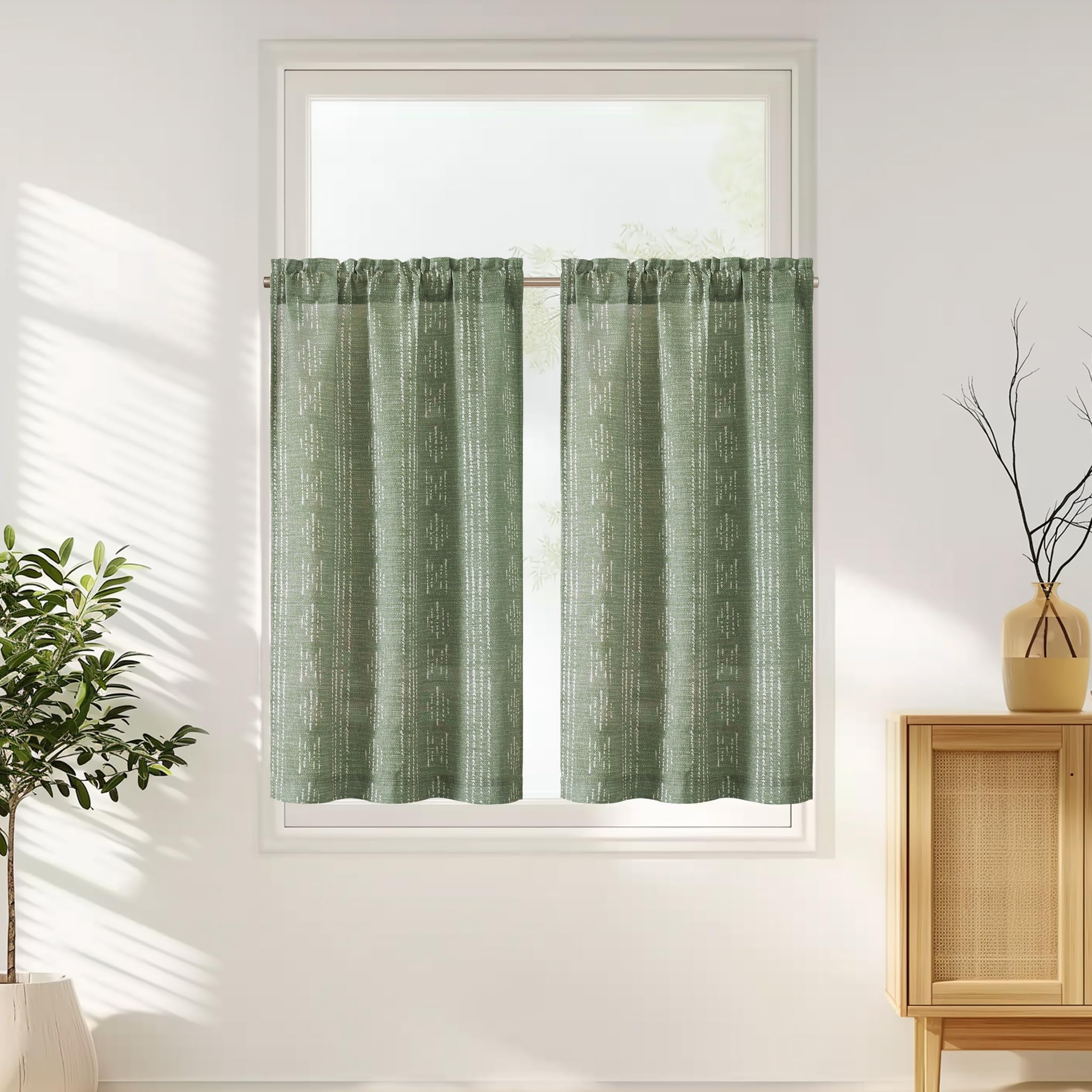Jinchan Boho Kitchen Curtains Linen Tier Curtains 45 Inch Bohemian Cafe Curtains Geometric Striped Small Window Curtains Light Filtering Farmhouse Country For Bathroom Rv 2 Panels Sage Green